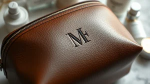 Close-up of premium leather monogrammed cosmetic bag with embossed initials, soft lighting showing texture and craftsmanship details, placed on white marble surface with subtle skincare bottles nearby