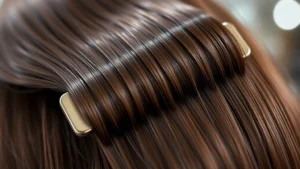 Close-up of luxury hair clip with smooth polished surface holding a thick section of glossy brunette hair, professional salon lighting, shallow depth of field showing clip detail and hair texture
