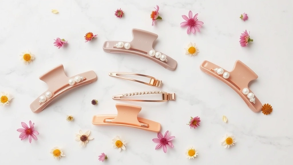 Flat lay arrangement of Naiam hair clip collection in various sizes and finishes - matte, rose gold, and pearl tones - displayed on white marble surface with scattered fresh flowers, premium product photography