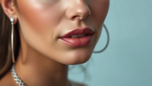 Close-up of woman wearing cool-toned makeup with silver necklace and earrings, natural lighting showing undertone harmony, professional beauty photography, no text visible