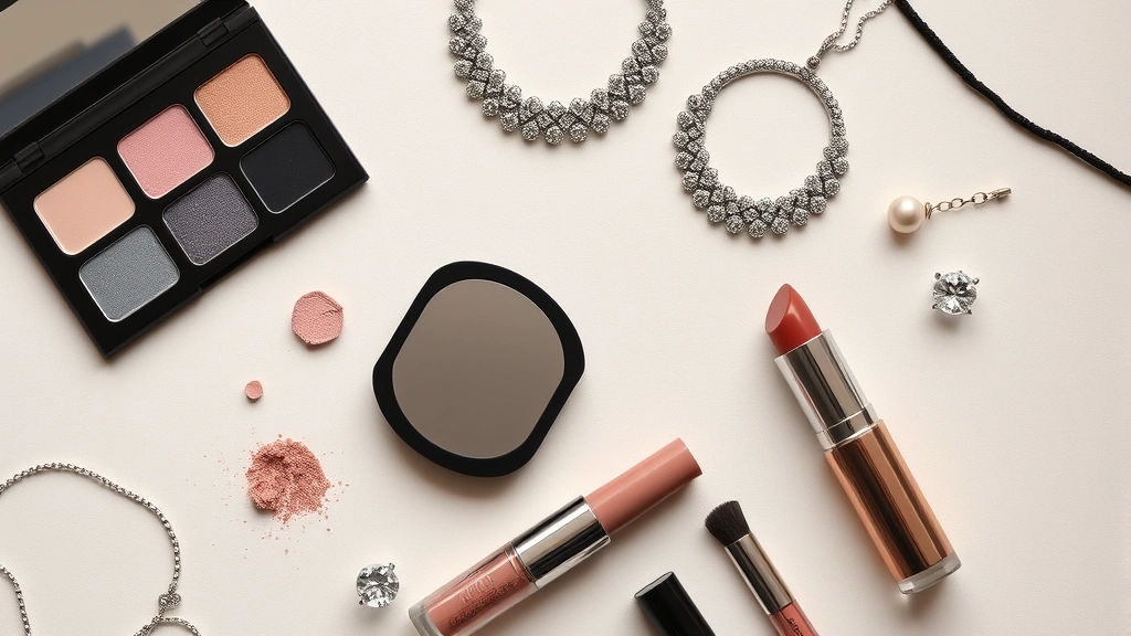 Flat lay arrangement of cool-toned eyeshadow palettes, silver jewelry pieces, and cool-undertoned lip products arranged artfully on neutral background, beauty editorial style
