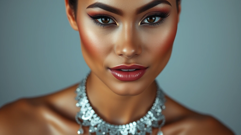 Beauty portrait of woman with jewel-tone eyeshadow and cool-toned lip color wearing statement silver necklace, professional makeup application, natural skin texture visible
