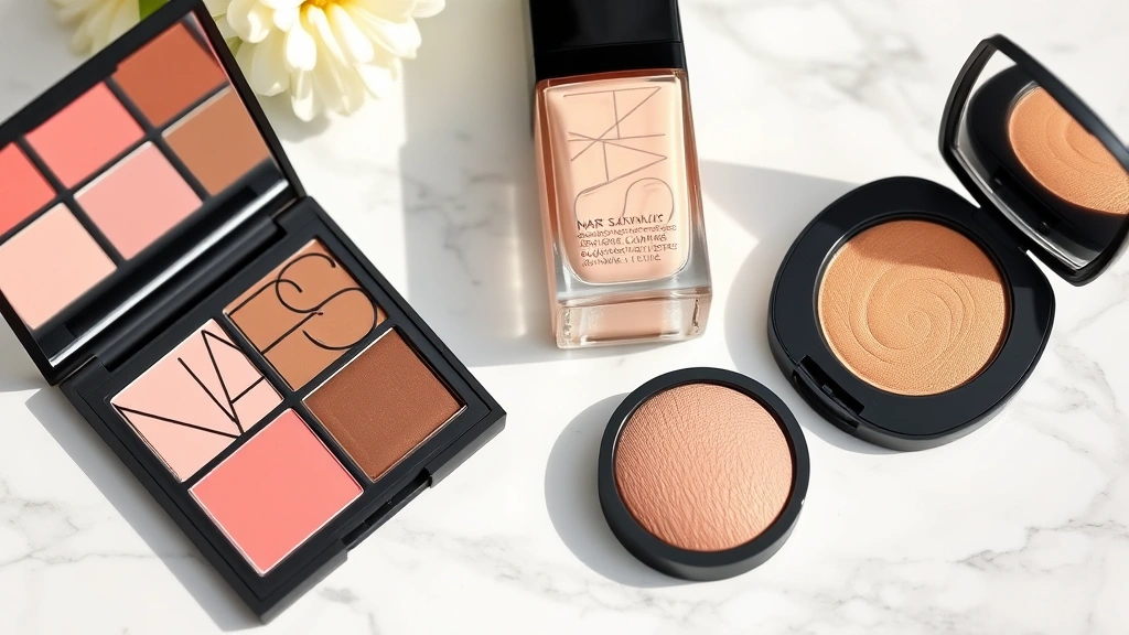 Close-up of luxury NARS cosmetics products including blush palette, foundation bottle, and eyeshadow compact arranged on marble surface with soft natural lighting