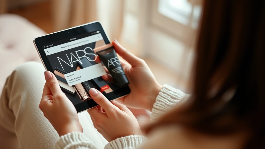 Woman's hands holding NARS makeup products while shopping online on tablet, showing checkout screen with coupon code field visible, warm lighting