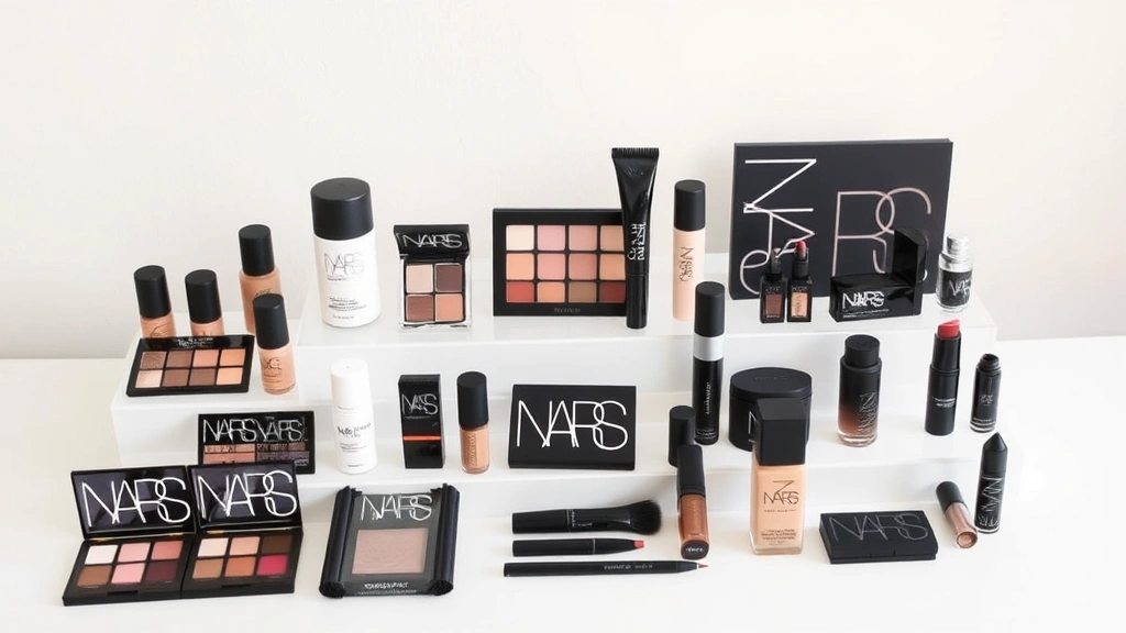 Organized collection of NARS cosmetics displayed in minimalist beauty setup with neutral background, featuring various product formats and shades