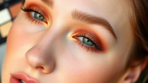 Close-up of warm-toned NARS eyeshadow palette swatches on fair skin, showing rich terracotta and gold pigments with natural lighting, professional makeup photography