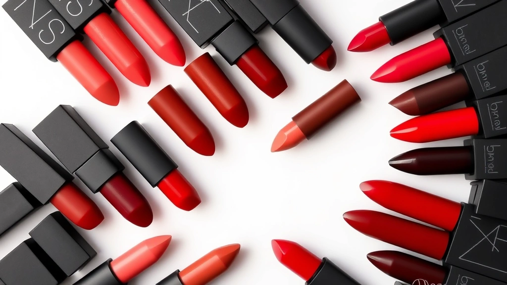 Overhead flat lay of NARS lipstick collection in various shades from warm corals to deep reds, arranged in organized rows showing color range and diversity