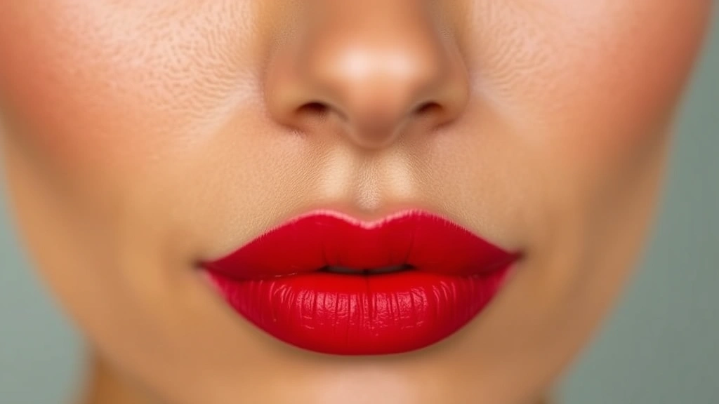 Close-up of beautifully lined and applied NARS lipstick in bold red shade on medium skin tone, showing even application, defined lips, and professional finish