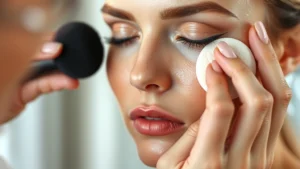 Close-up of professional makeup artist applying dewy foundation with damp beauty sponge to fair skin model's face, natural lighting, makeup application technique visible