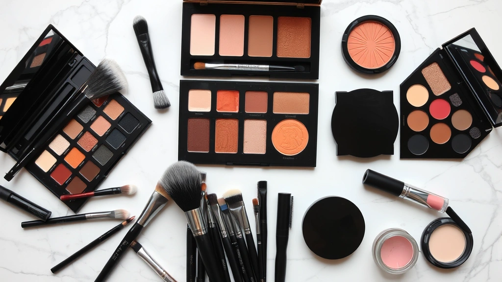 Overhead view of organized makeup brush set, eyeshadow palettes in warm and cool tones, and makeup products arranged on marble surface with minimalist aesthetic