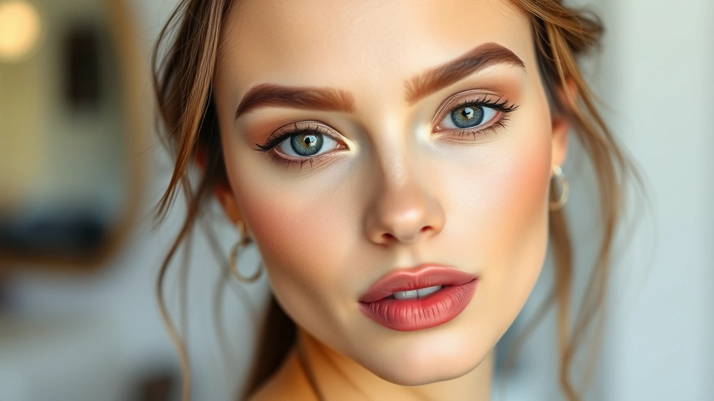 Beauty shot of completed natural makeup look on model with warm undertones, featuring nude-brown eyeshadow, defined brows, peachy blush, and nude-pink lipstick