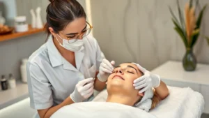 Professional esthetician performing facial treatment on client in modern spa setting, demonstrating proper sanitation and technique with calm focused expression