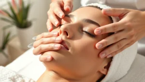 Close-up of professional esthetician performing facial treatment on client, showing proper hand positioning and technique during cleansing step, natural lighting, serene spa environment, realistic skincare application