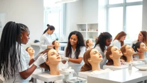Professional beauty school classroom with diverse students practicing skincare treatments on mannequin heads, bright natural lighting, modern skincare equipment visible, focused and engaged learners in white uniforms