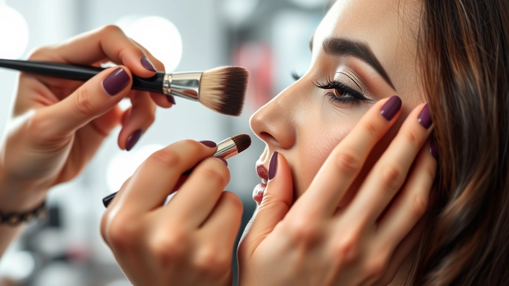 Close-up of hands applying makeup with professional brushes on model face, showing precision technique and product knowledge in well-lit professional environment