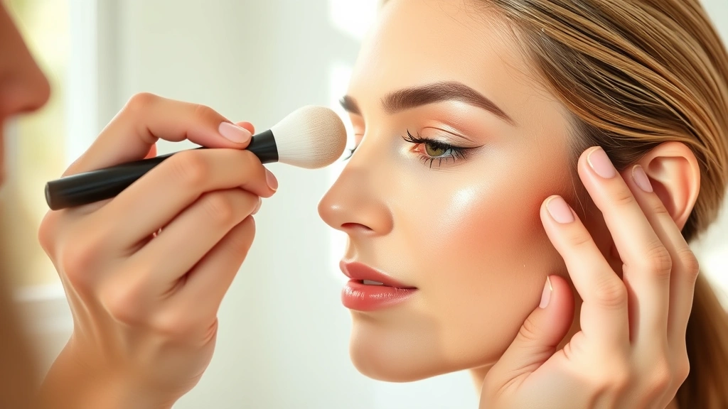 Professional makeup artist applying liquid foundation with beauty sponge on model's face, natural morning lighting, close-up of blending technique showing seamless skin-like finish