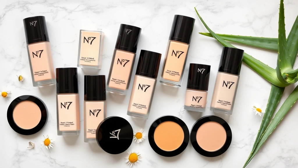 Arranged No7 foundation bottles and compacts in various shades from light to deep skin tones, displayed on marble surface with natural botanical elements like chamomile flowers and aloe leaves nearby
