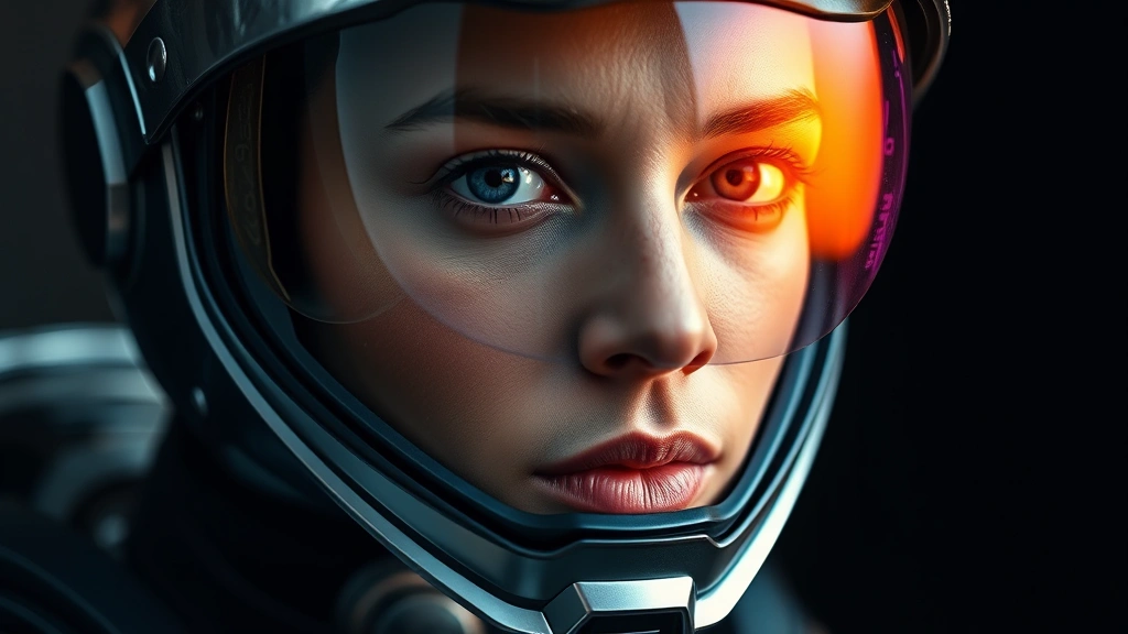 Close-up of a character in futuristic space suit with metallic helmet visor reflecting nebula colors, professional cosmetic photography studio lighting, sharp focus on face details