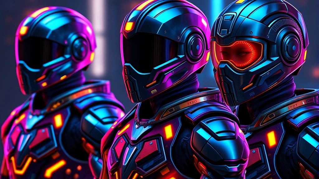 Photorealistic character customization interface showing vibrant futuristic armor suits and helmets with glowing neon accents, close-up of detailed cosmetic options with metallic and iridescent finishes, no text or labels visible