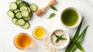 Overhead flat lay of skincare ingredients: fresh cucumber slices, raw honey in glass jar, green tea in ceramic bowl, aloe vera leaves, and oatmeal scattered on white marble surface with soft natural lighting