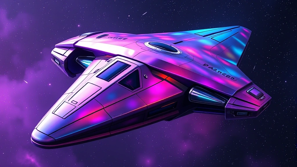 Vibrant alien spaceship exterior with iridescent paint job reflecting purple and cyan nebula light, sleek metallic hull design, cinematic space background with stars