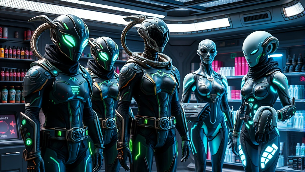 Dramatic space station cosmetics vendor display featuring alien-designed armor pieces and clothing items with bioluminescent details, showcasing diverse sci-fi aesthetic styles, professional lighting highlighting texture and shine