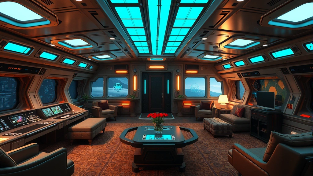 Expansive No Man's Sky freighter bridge interior with customized cosmetic elements including glowing control panels, holographic displays, and sleek futuristic furniture arrangements, wide-angle view of decorated captain's quarters