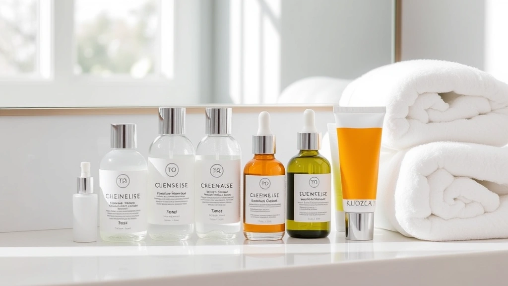 Organized skincare routine products arranged by application order: cleanser, toner, serum, moisturizer, and sunscreen in minimalist bathroom setting with white towels and natural window light