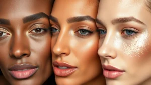 Close-up of luminous highlighter swatches on diverse skin tones showing different Ofra shade undertones and finishes, professional lighting emphasizing glow and pigmentation