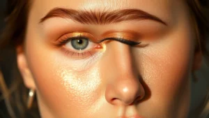Close-up of luminous skin with golden-champagne highlight applied to cheekbones and brow bones, natural daylight, dewy complexion, professional makeup photography