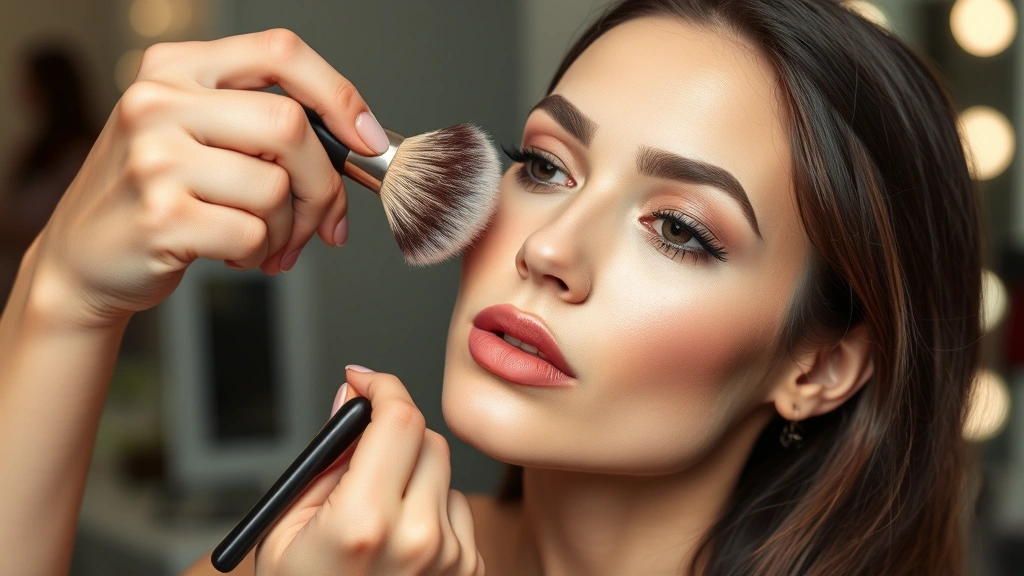 Beauty influencer applying Ofra highlighter with fluffy brush to cheekbones, demonstrating proper placement and blending technique for maximum glow effect