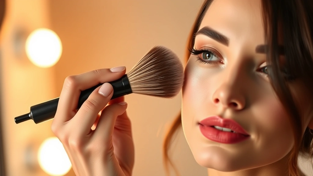 Beauty expert applying highlighter with dense angled brush to cheekbone area, demonstrating proper application technique, warm studio lighting, makeup artistry focus