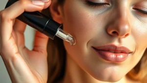 Woman with glowing, clear skin applying lightweight serum to face, minimal makeup, natural daylight, close-up of hands and face with visible skin texture