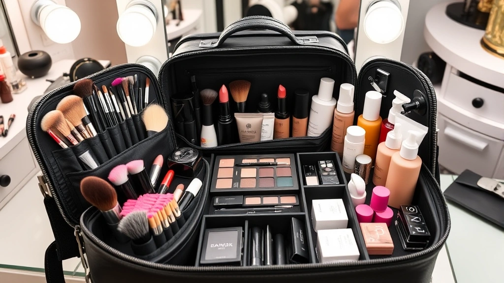 Professional makeup artist's personalized cosmetic bag with organized compartments, showing neatly arranged makeup brushes, lipsticks, foundations, and skincare bottles in a well-lit vanity setting