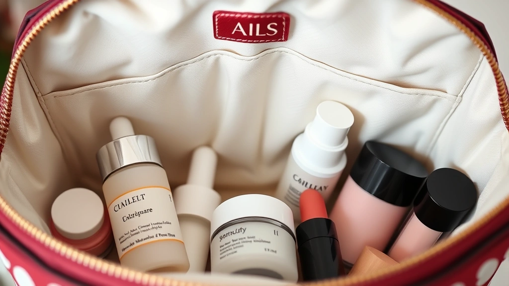 Close-up of high-quality personalized cosmetic bag interior with waterproof lining, multiple compartments, and monogrammed details, displaying organized skincare serums, moisturizers, and makeup products