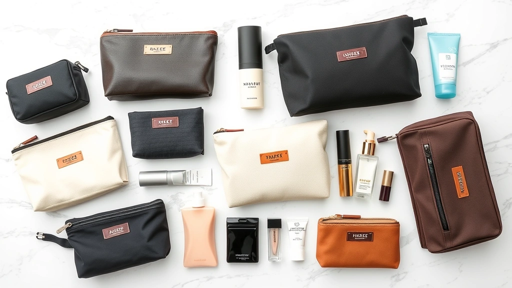 Flat lay of personalized cosmetic bag collection showing various sizes and materials including vegan leather, canvas, and nylon options with customization details, arranged artfully on a marble surface