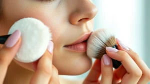 Close-up of woman applying makeup with soft velour powder puff to her cheek, natural lighting, professional beauty setting, focused technique demonstration, photorealistic skin texture