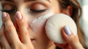 Close-up of woman's face receiving powder application with soft velvet puff, showing gentle pressing technique on cheekbone area, professional makeup setting