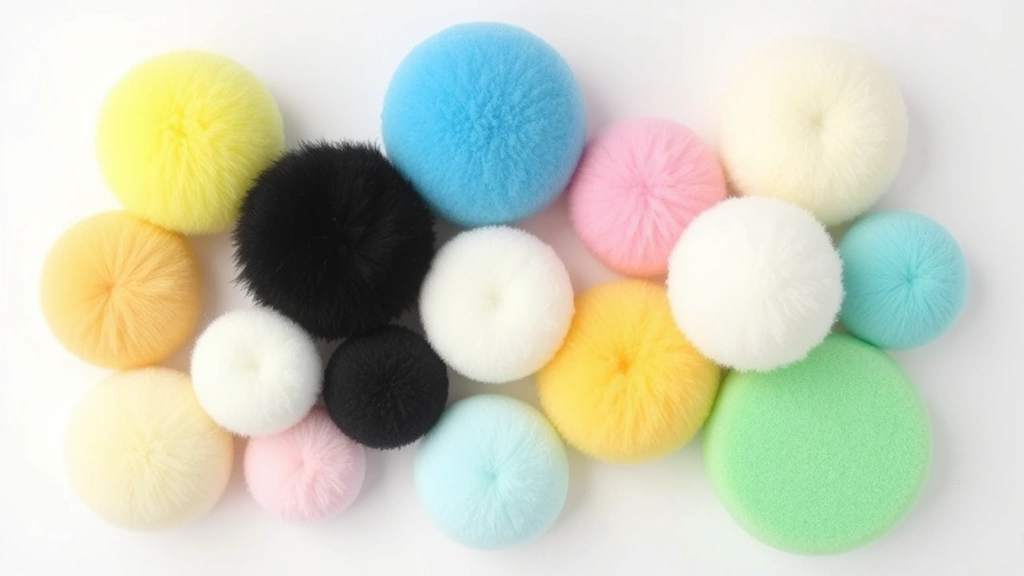 Array of different powder puff materials displayed: velvet, microfiber, latex, and sponge puffs in various colors and shapes on white background