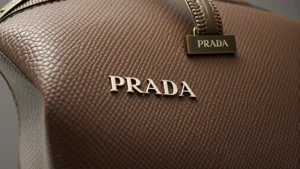 Close-up of luxury Prada cosmetic bag in Saffiano leather, showing texture and quality hardware details, minimalist aesthetic, neutral tone, professional product photography style