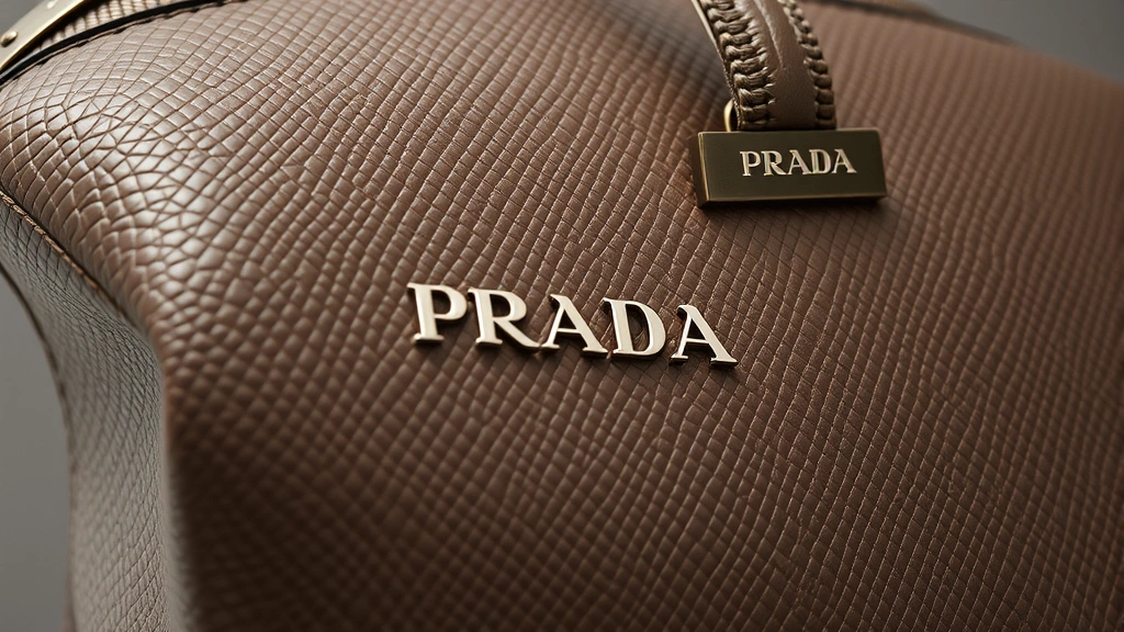 Close-up of luxury Prada cosmetic bag in Saffiano leather, showing texture and quality hardware details, minimalist aesthetic, neutral tone, professional product photography style