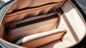 Close-up of luxury cosmetic bag interior organization with multiple compartments and zippered pockets, soft natural lighting highlighting premium fabric texture and quality hardware