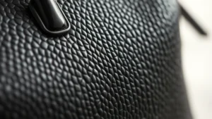 Close-up of Saffiano leather texture on luxury cosmetic bag, showing distinctive cross-hatched pattern in rich black color with soft natural lighting highlighting surface details