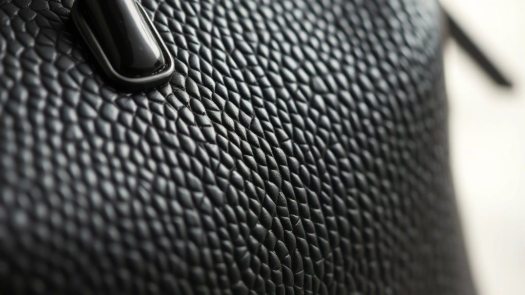 Close-up of Saffiano leather texture on luxury cosmetic bag, showing distinctive cross-hatched pattern in rich black color with soft natural lighting highlighting surface details