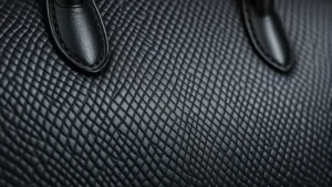 Close-up of pristine black Saffiano leather texture showing cross-hatch pattern, professional lighting highlighting material quality and craftsmanship details