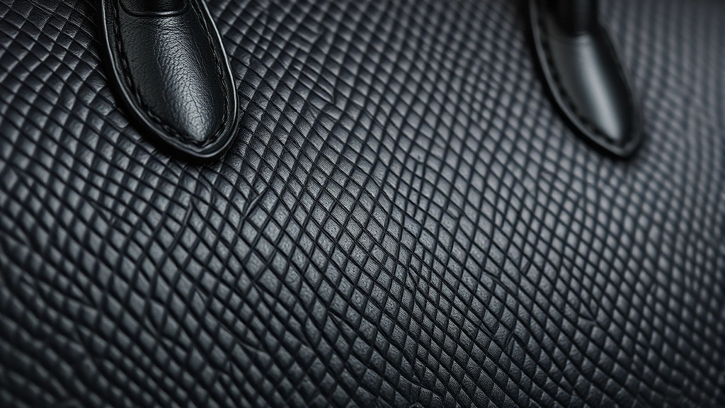 Close-up of pristine black Saffiano leather texture showing cross-hatch pattern, professional lighting highlighting material quality and craftsmanship details
