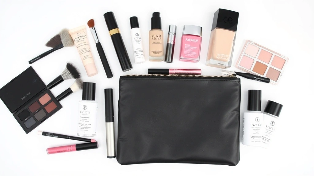 Flat lay of organized makeup essentials including brushes, lipsticks, foundations, and skincare serums artfully arranged next to an open designer cosmetic pouch