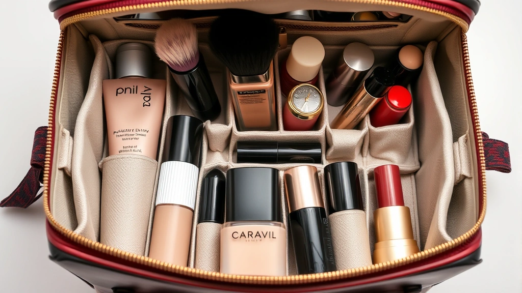 Organized cosmetic bag interior displaying neatly arranged makeup brushes, foundation bottles, lipsticks, and beauty products in coordinated compartments with quality fabric lining