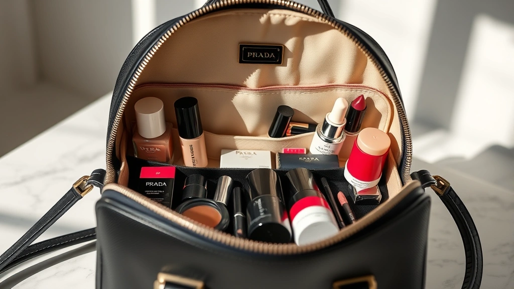 Open Prada cosmetic bag displaying organized makeup products inside, showing compartments and interior design, soft natural lighting on organized beauty essentials