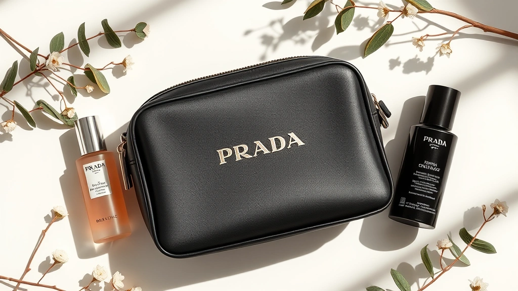 Flat lay composition of Prada cosmetic bag alongside premium beauty products like serums and moisturizers, luxury aesthetic, soft natural light, elegant minimalist styling